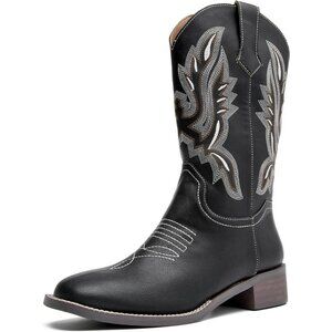 kkdom Women Black Cowboy Square Toe Western Cowgirl Mid Calf Boot
